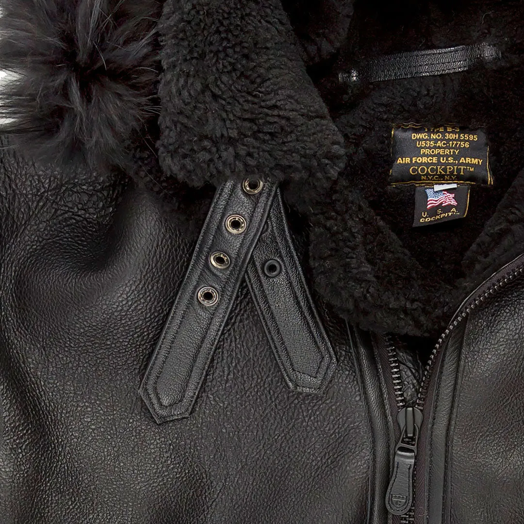 All Black B-3 Hooded Sheepskin Bomber Jacket Z203615B