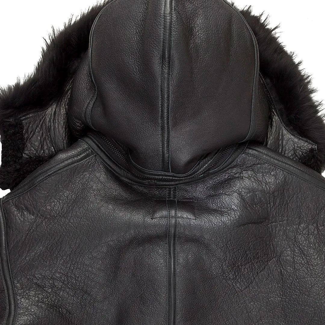 All Black B-3 Hooded Sheepskin Bomber Jacket Z203615B