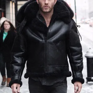 All Black B-3 Hooded Sheepskin Bomber Jacket Z203615B