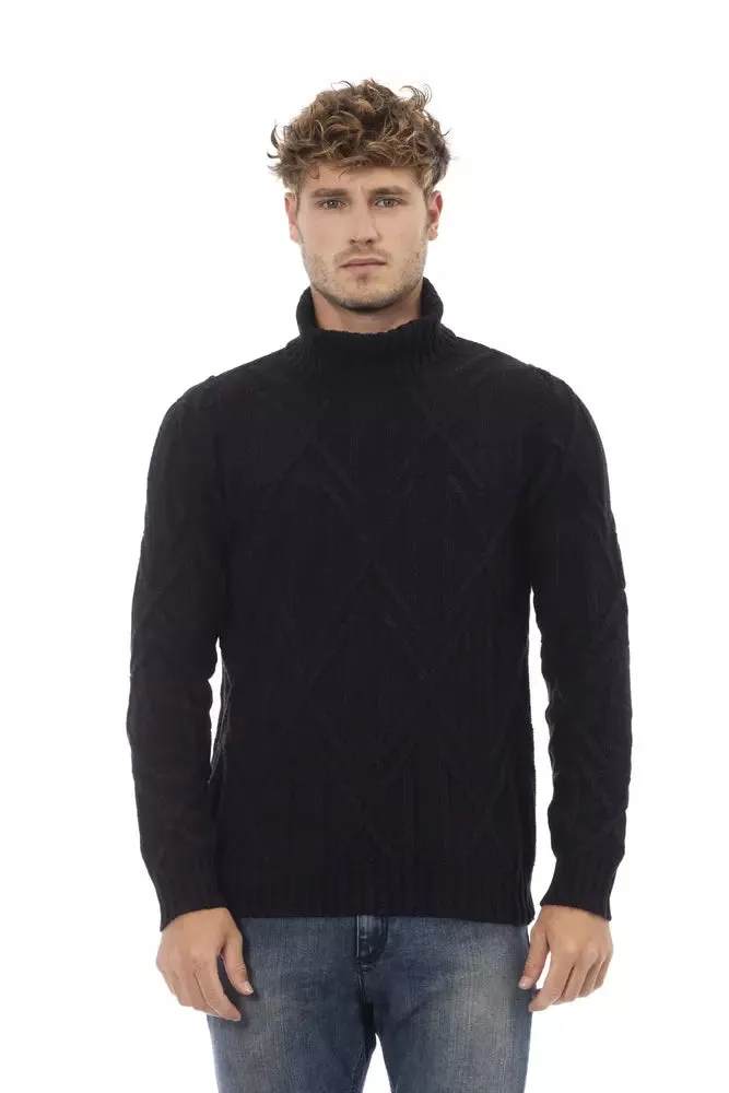 Alpha Studio Black Merino Wool Men Sweater