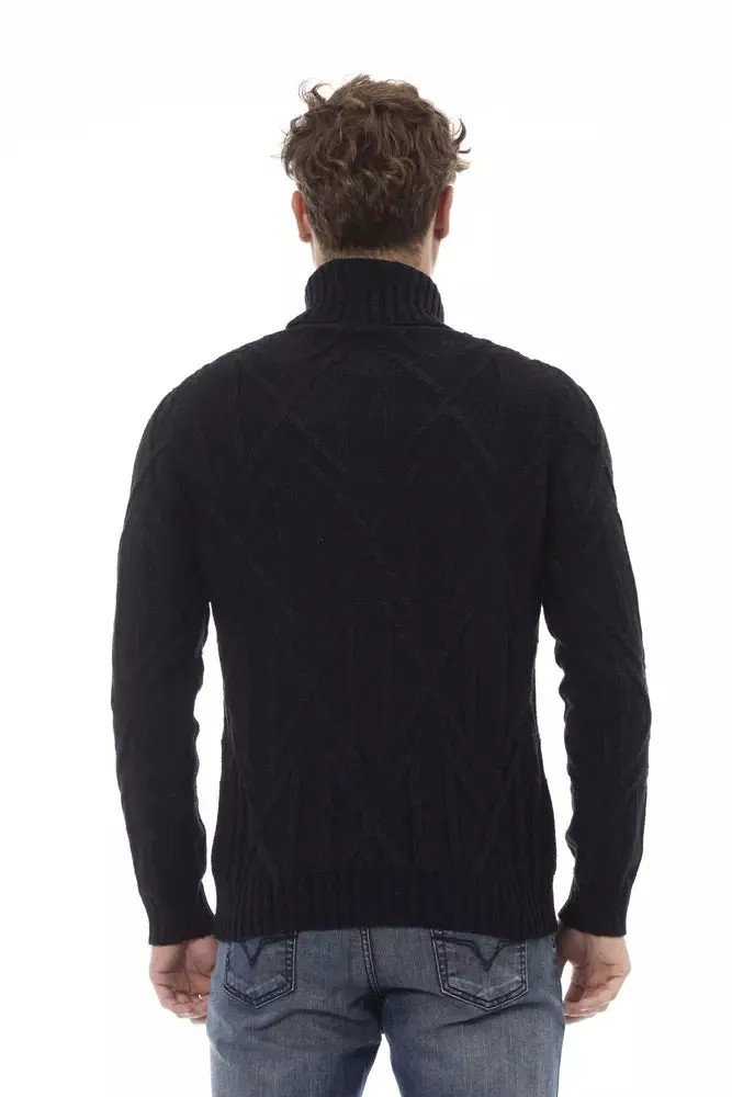 Alpha Studio Black Merino Wool Men Sweater