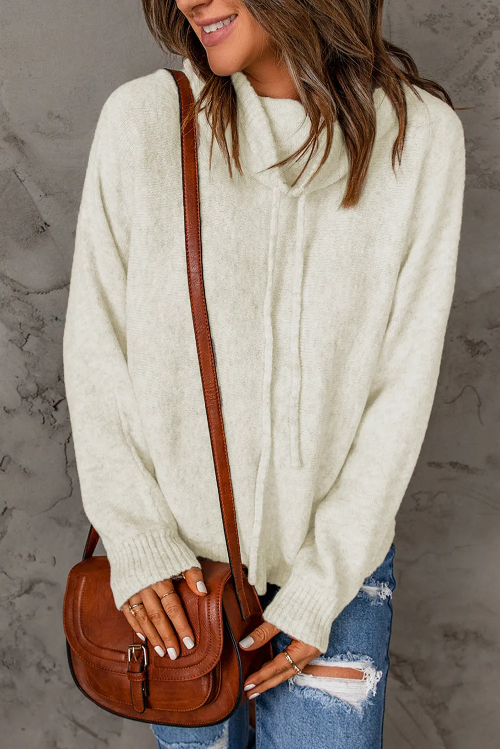 Apricot Drawstring Cowl Neck Ribbed Trim Sweater