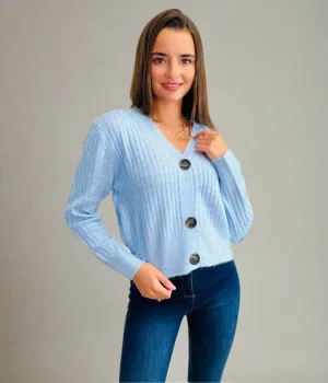 Blue Ribbed Knit Button Cardigan