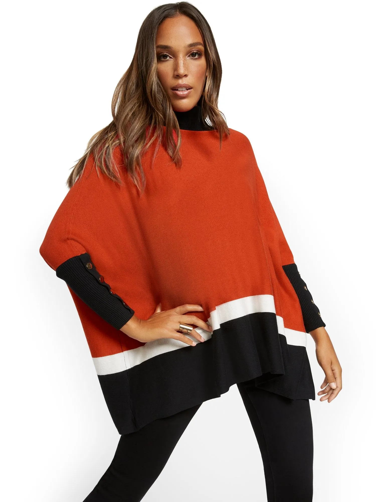 Colorblock Button-Accent Turtleneck Dolman Sweater