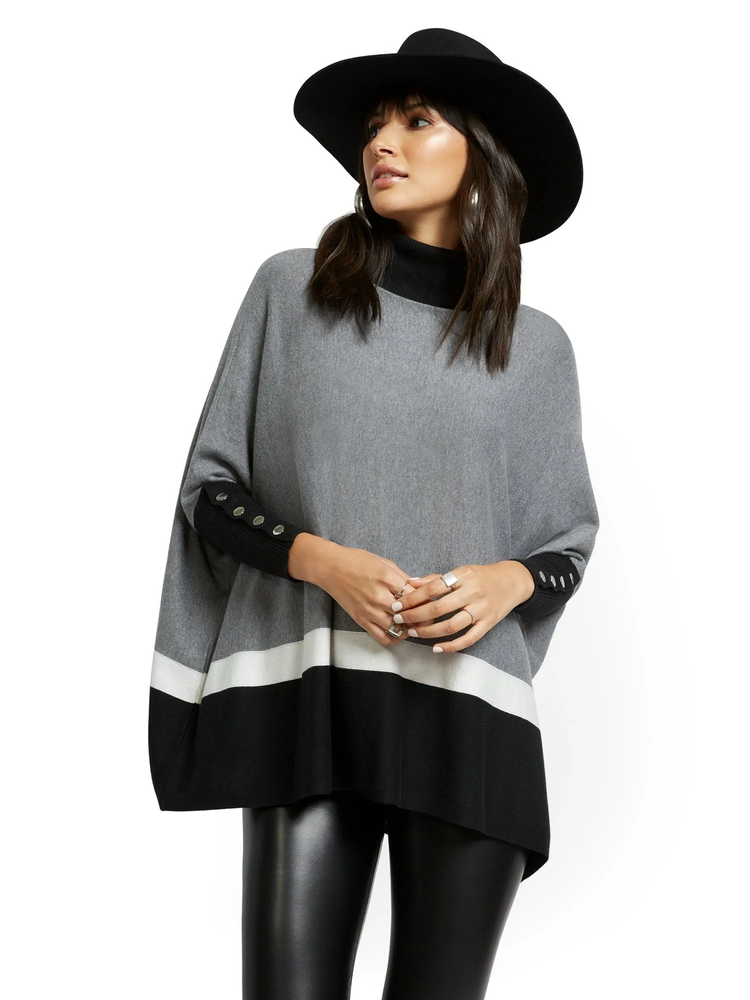 Colorblock Button-Accent Turtleneck Dolman Sweater