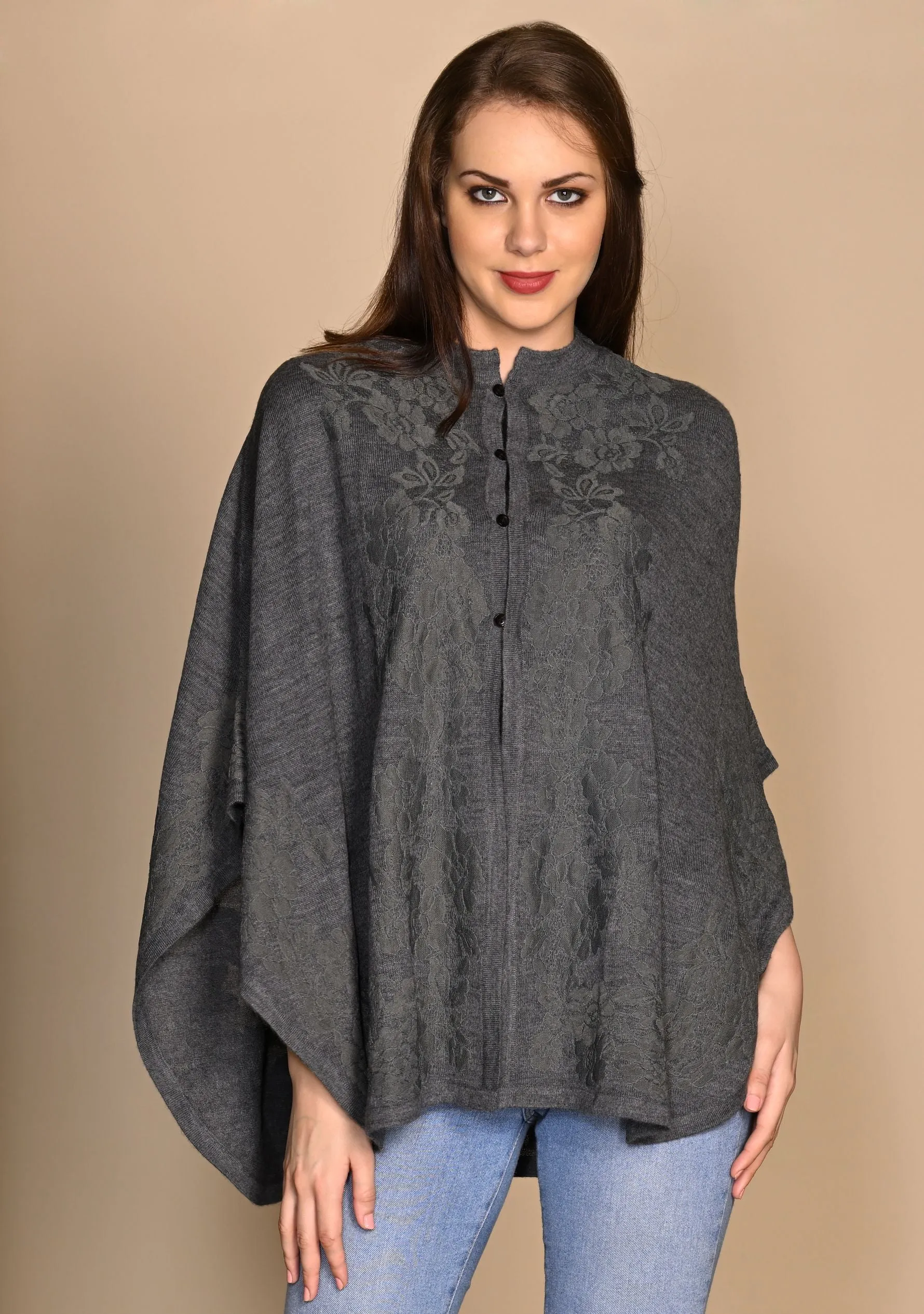 Dk. Grey Melange Knitted Fine Wool Collared Cape with Dk. Grey Floral Lace Applique