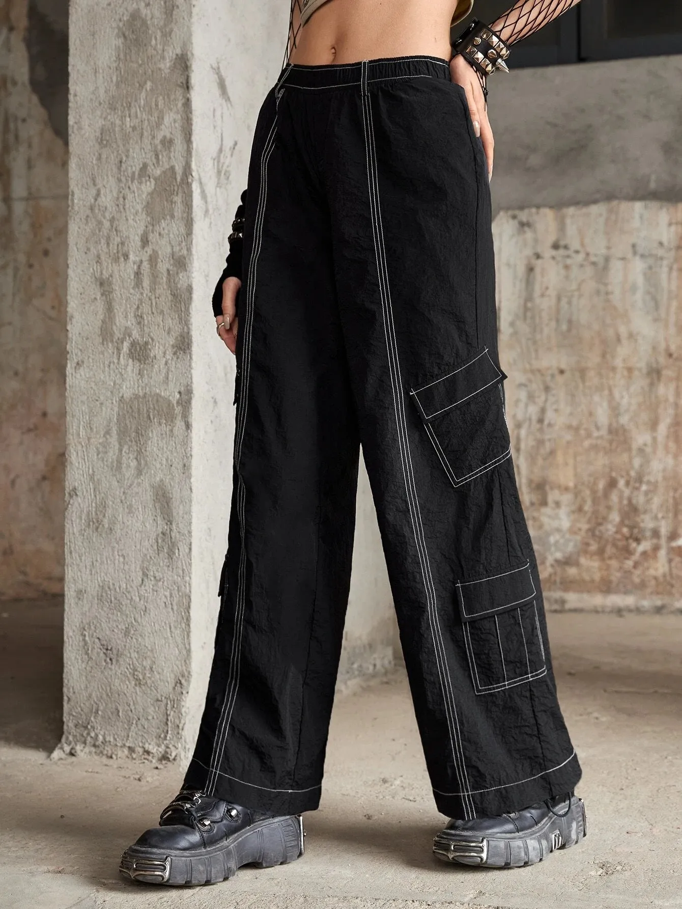 Elastic Waist Casual Plain Cargo Pant