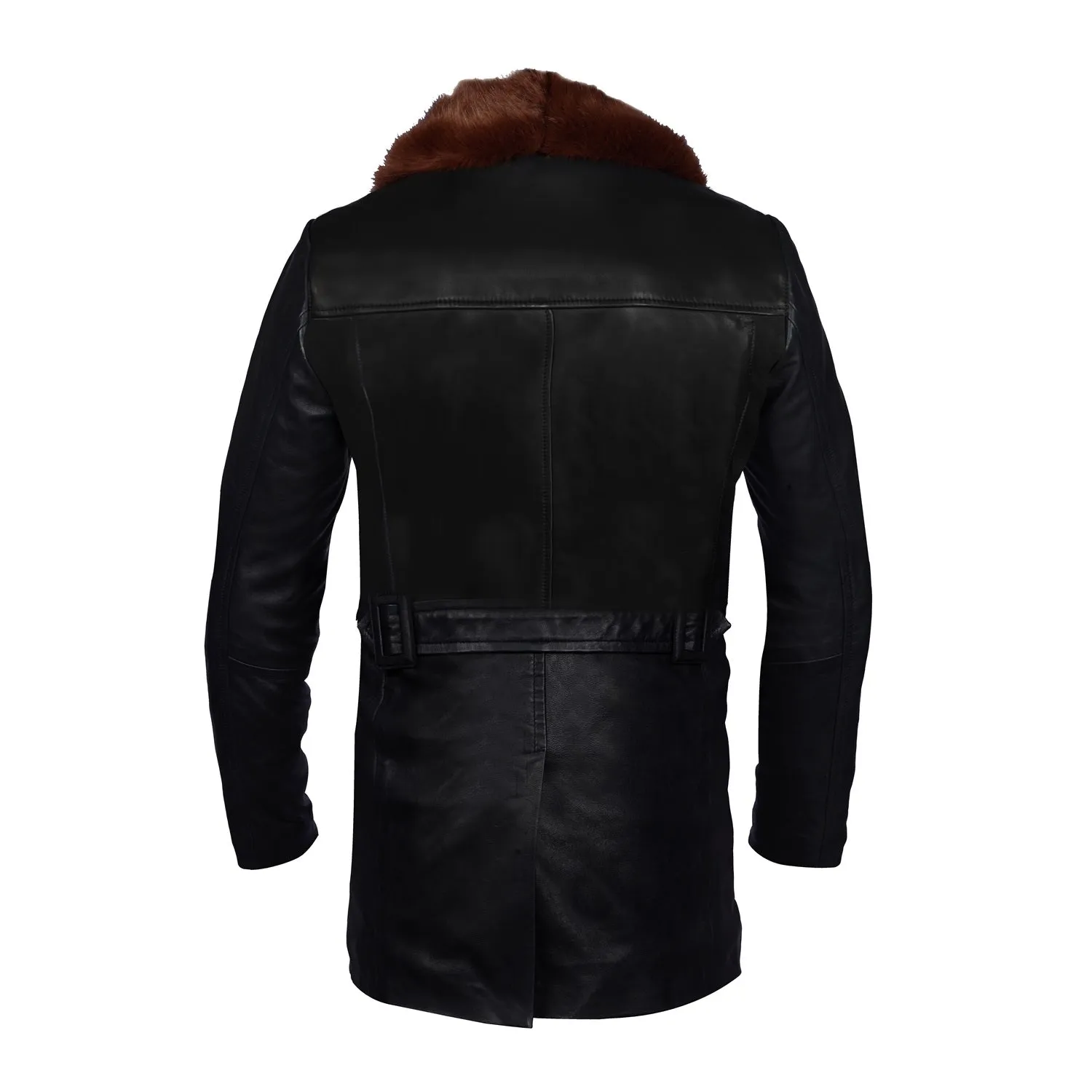 Furr Collar Leather Coat Jacket in Black Genuine Leather