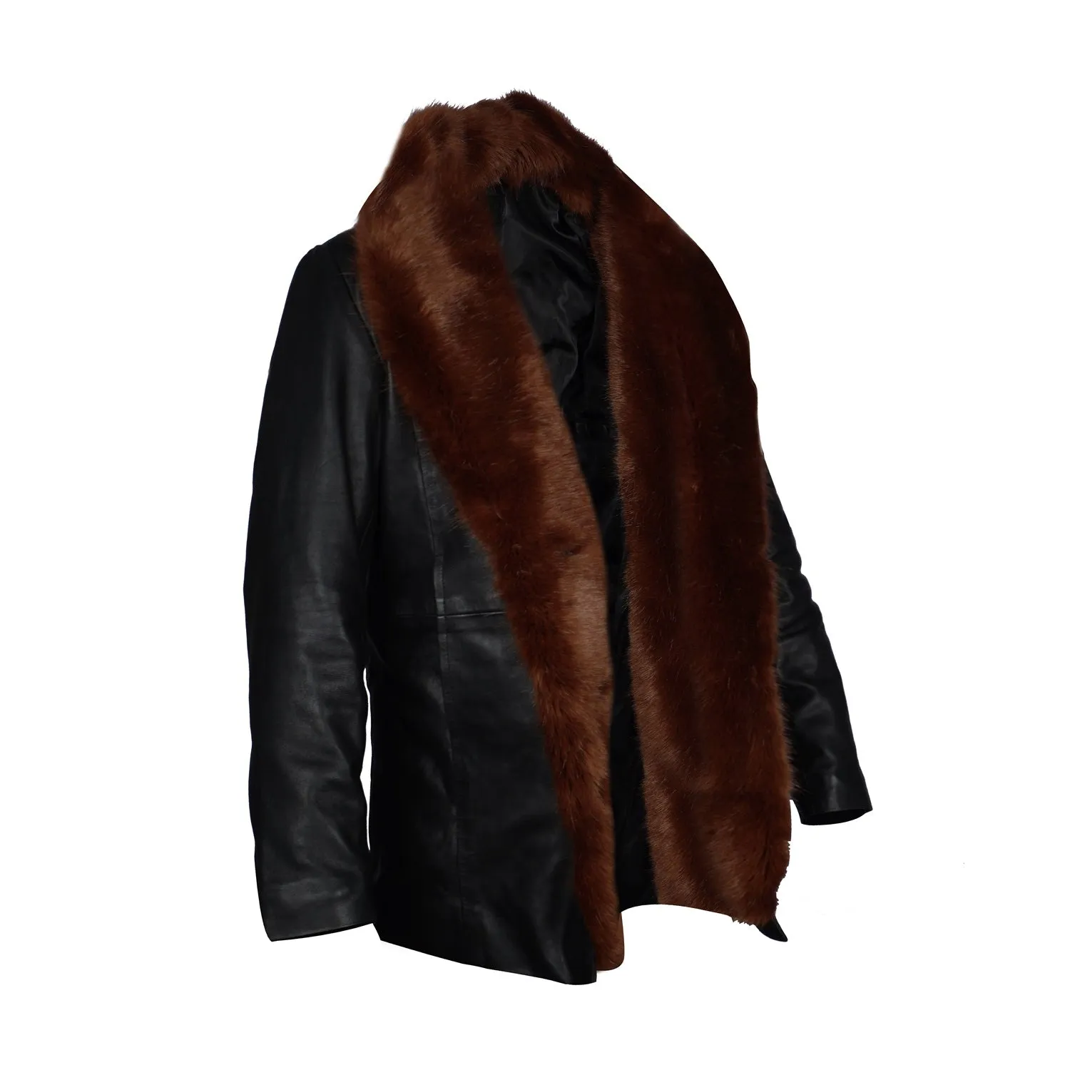 Furr Collar Leather Coat Jacket in Black Genuine Leather