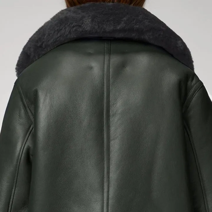 Green Women's Shearling Leather Jacket - RAF Aviator Style Jacket