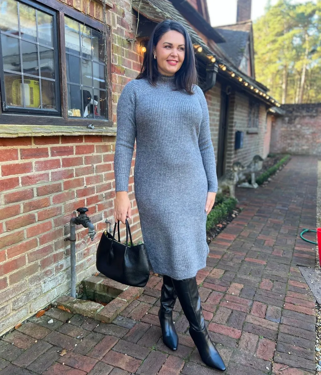 Grey Ribbed Knitted Funnel Neck Dress