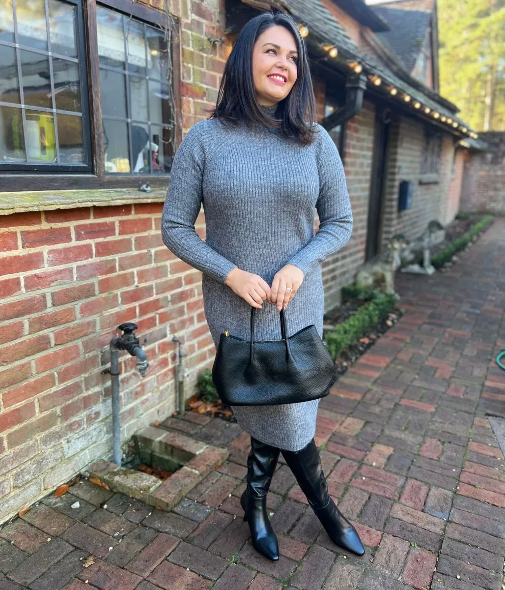 Grey Ribbed Knitted Funnel Neck Dress