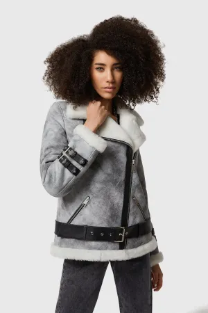 Harriet Sheepskin Belted Biker Jacket, Natural Dying Grey with White Wool