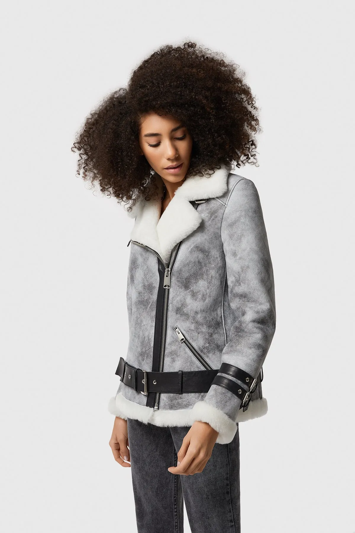 Harriet Sheepskin Belted Biker Jacket, Natural Dying Grey with White Wool