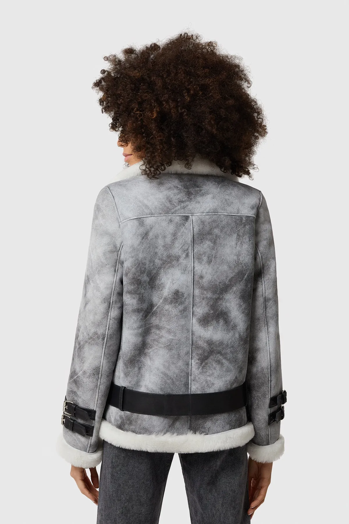 Harriet Sheepskin Belted Biker Jacket, Natural Dying Grey with White Wool