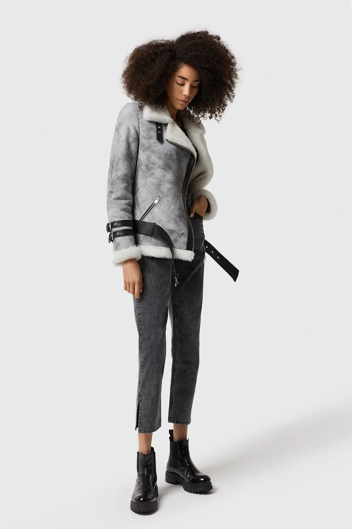 Harriet Sheepskin Belted Biker Jacket, Natural Dying Grey with White Wool