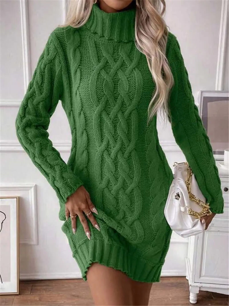 High Collar Slim Knitted Long Sweater dress