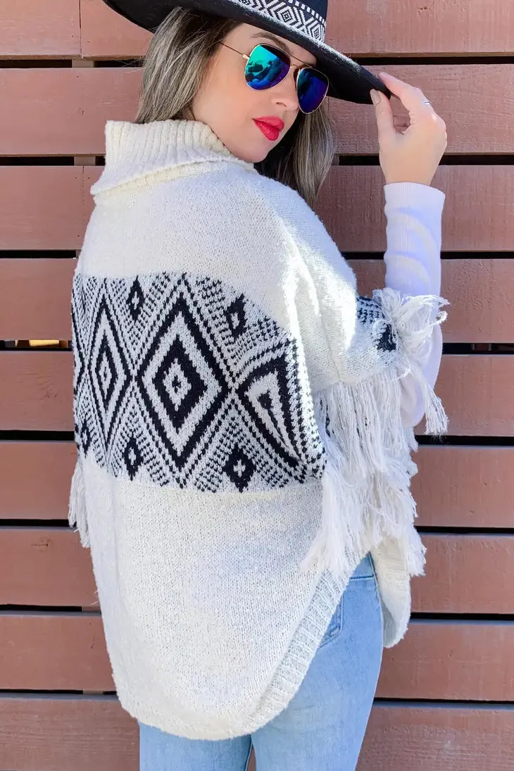 Ivory Aztec Printed Poncho