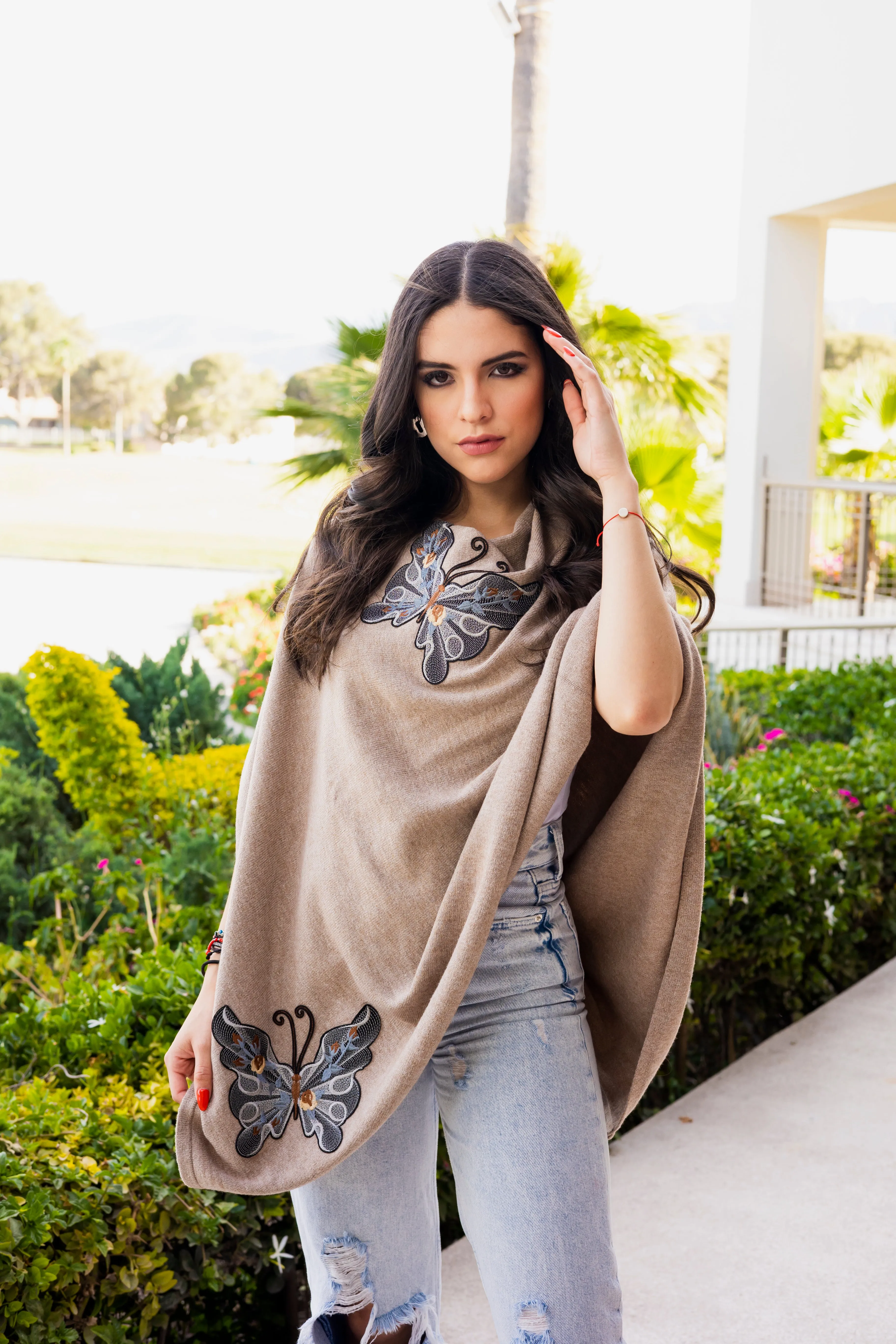 Knitted Poncho with Butterfly Embroidery