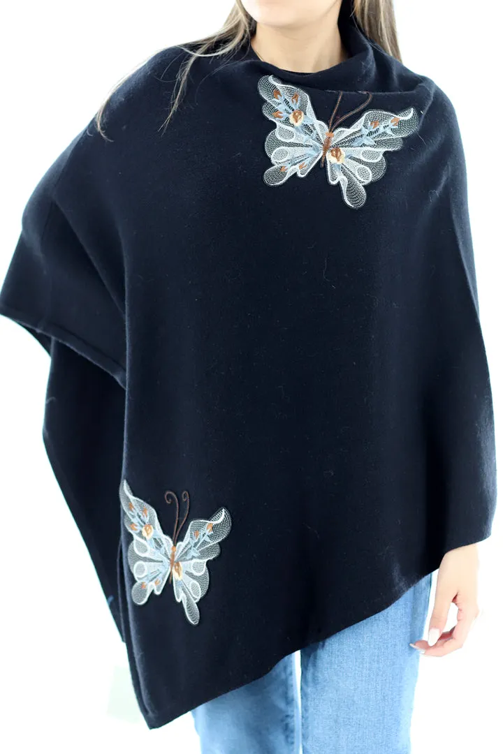 Knitted Poncho with Butterfly Embroidery