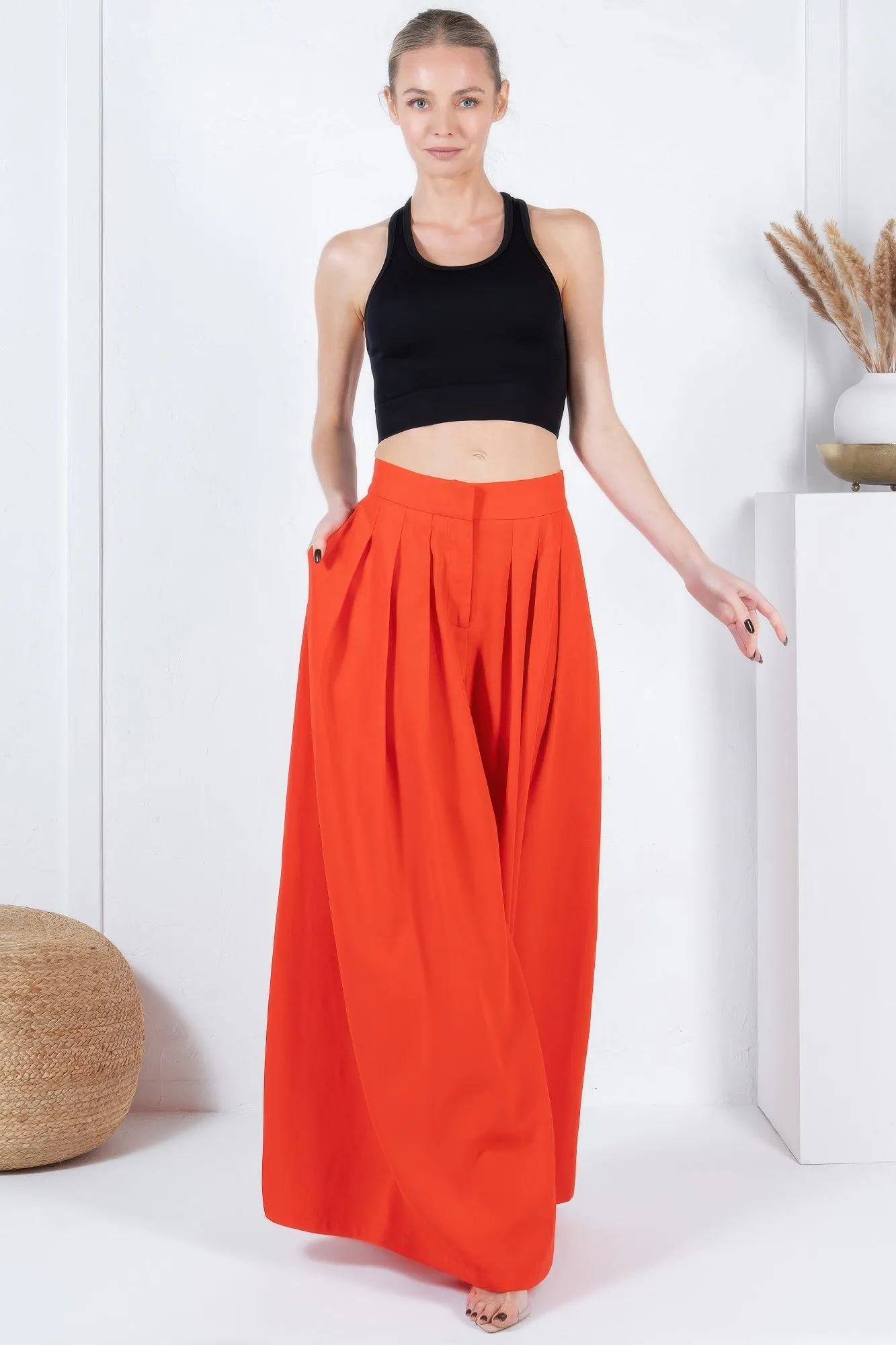 Large Hem Wide Leg Pleated Solid Pants