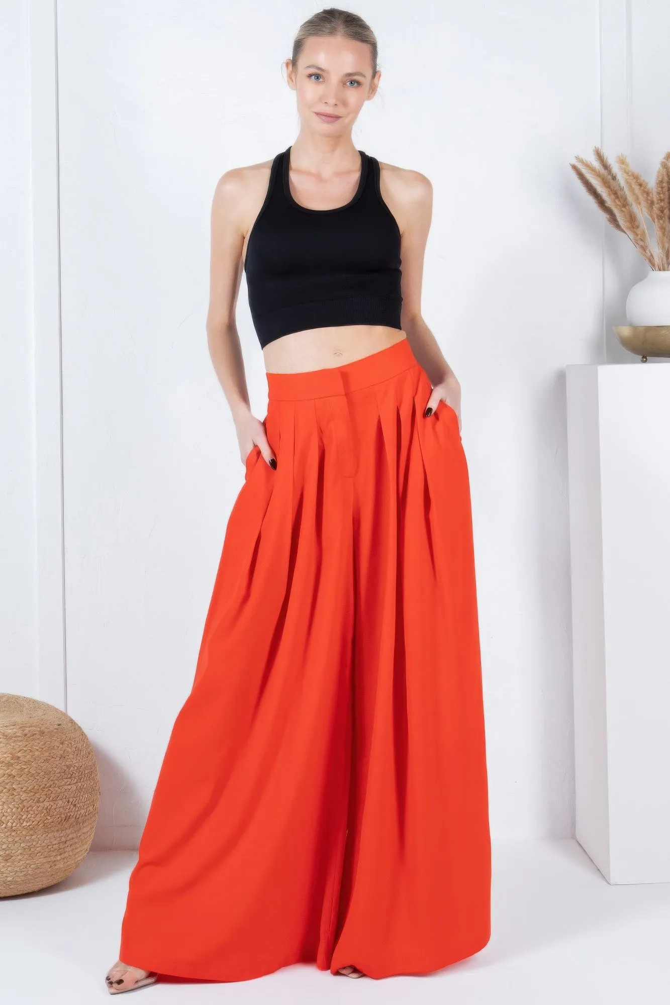 Large Hem Wide Leg Pleated Solid Pants