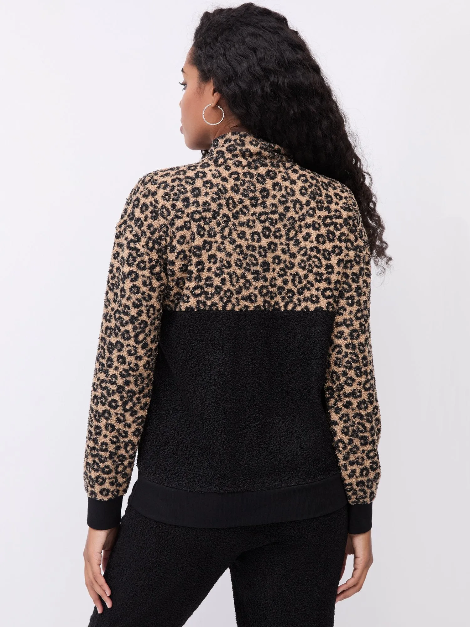 Leopard-Print Teddy Zip-Front Pullover