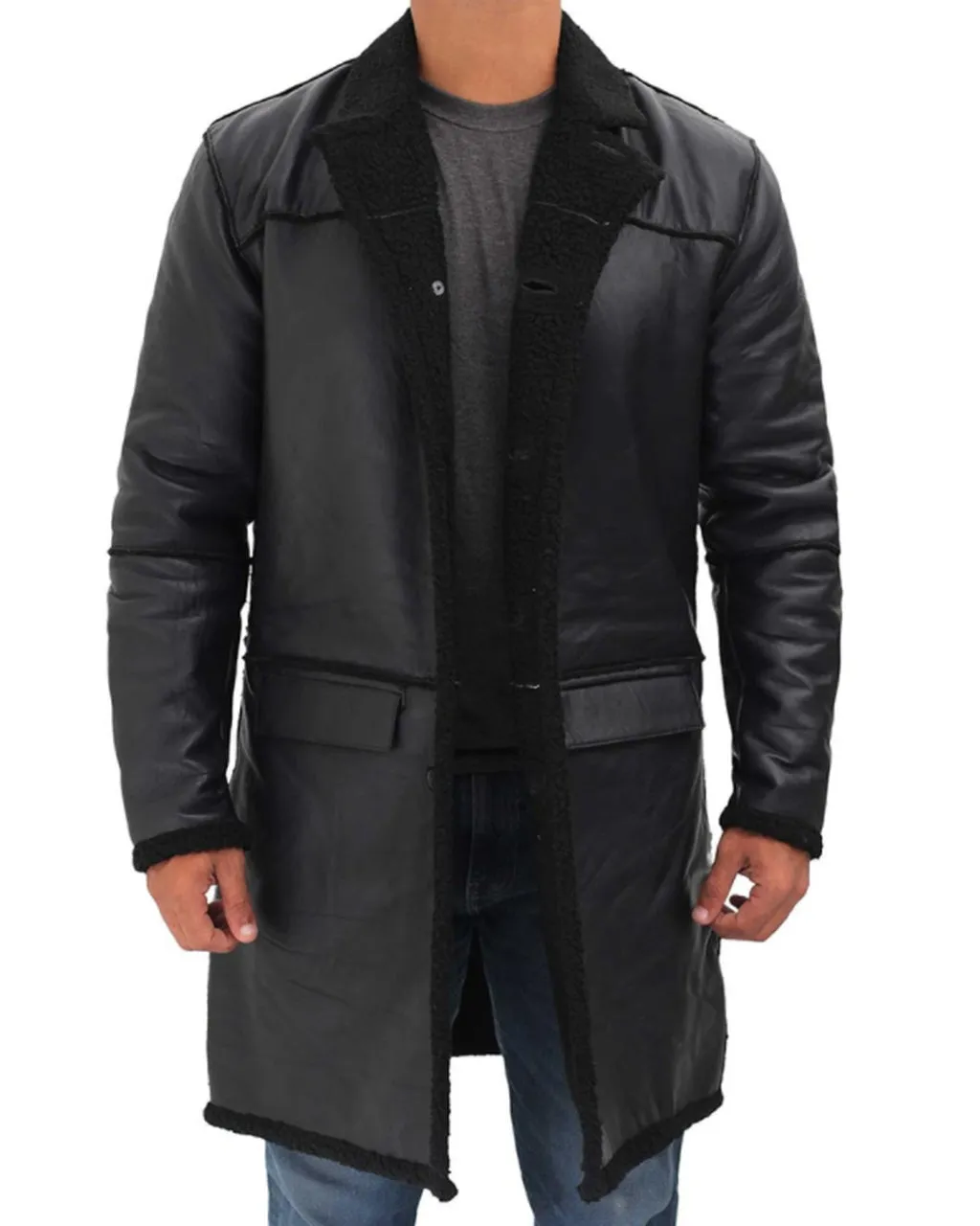 Long Length Black Winter Shearling Genuine Leather Coat With FUR