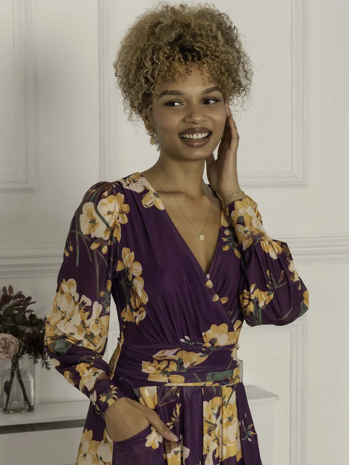 Maaike Long Sleeve Mesh Dress, Purple Floral