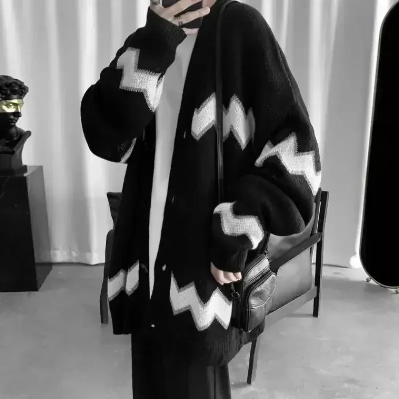 Man Clothes Black Long Knitted Sweaters for Men Striped Cardigan Korean Fashion Overfit Jumpers Thick Winter Japanese Harajuku S