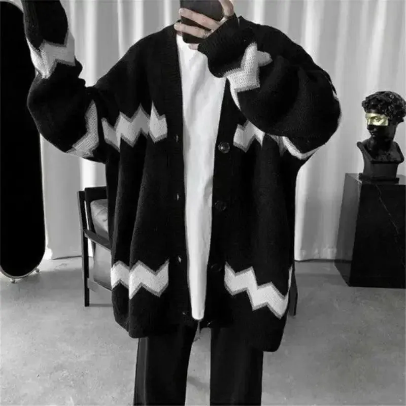 Man Clothes Black Long Knitted Sweaters for Men Striped Cardigan Korean Fashion Overfit Jumpers Thick Winter Japanese Harajuku S