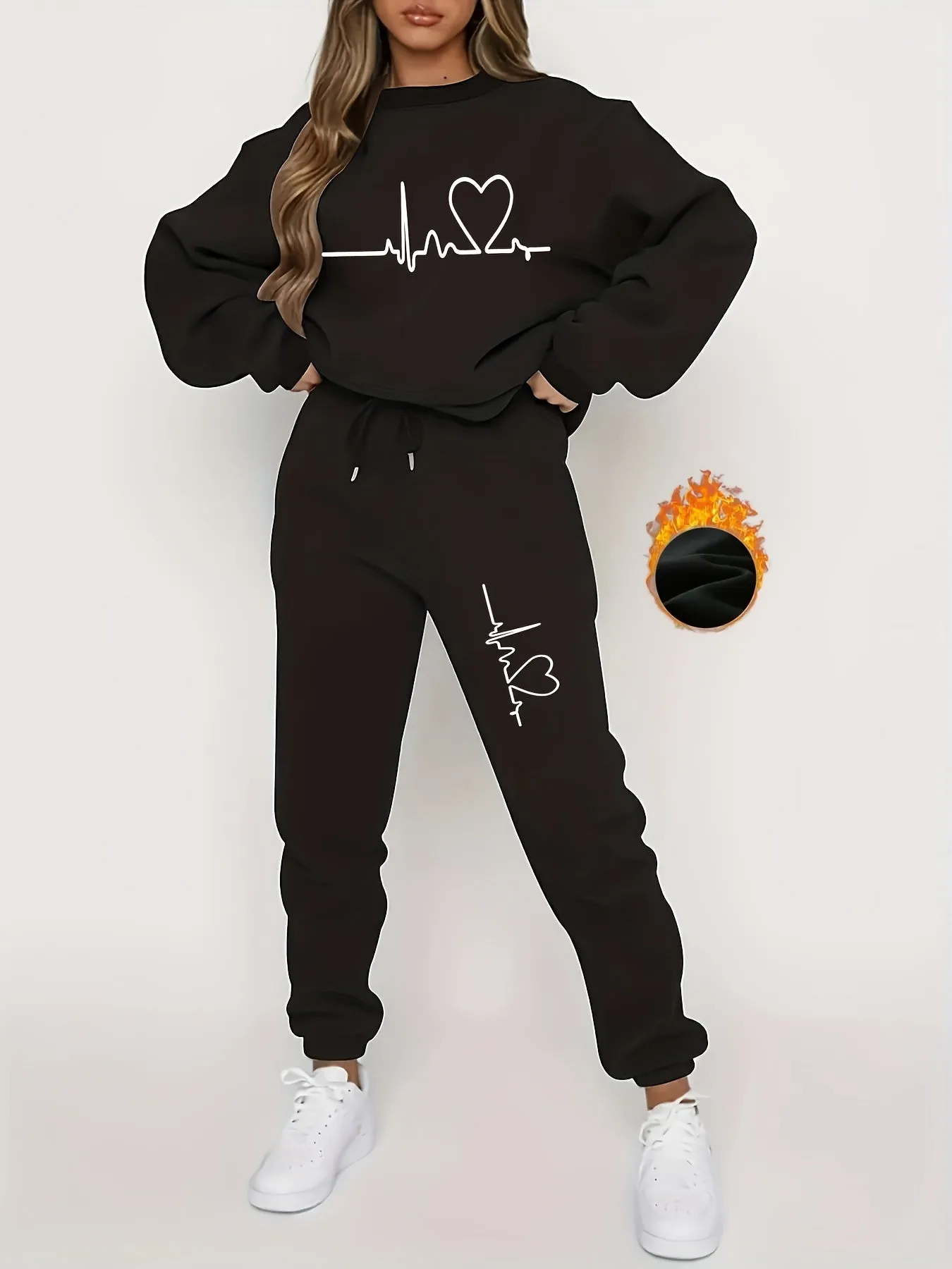 Mila - Women's Casual Set with Round Neck Sweater and Heart Beat Design