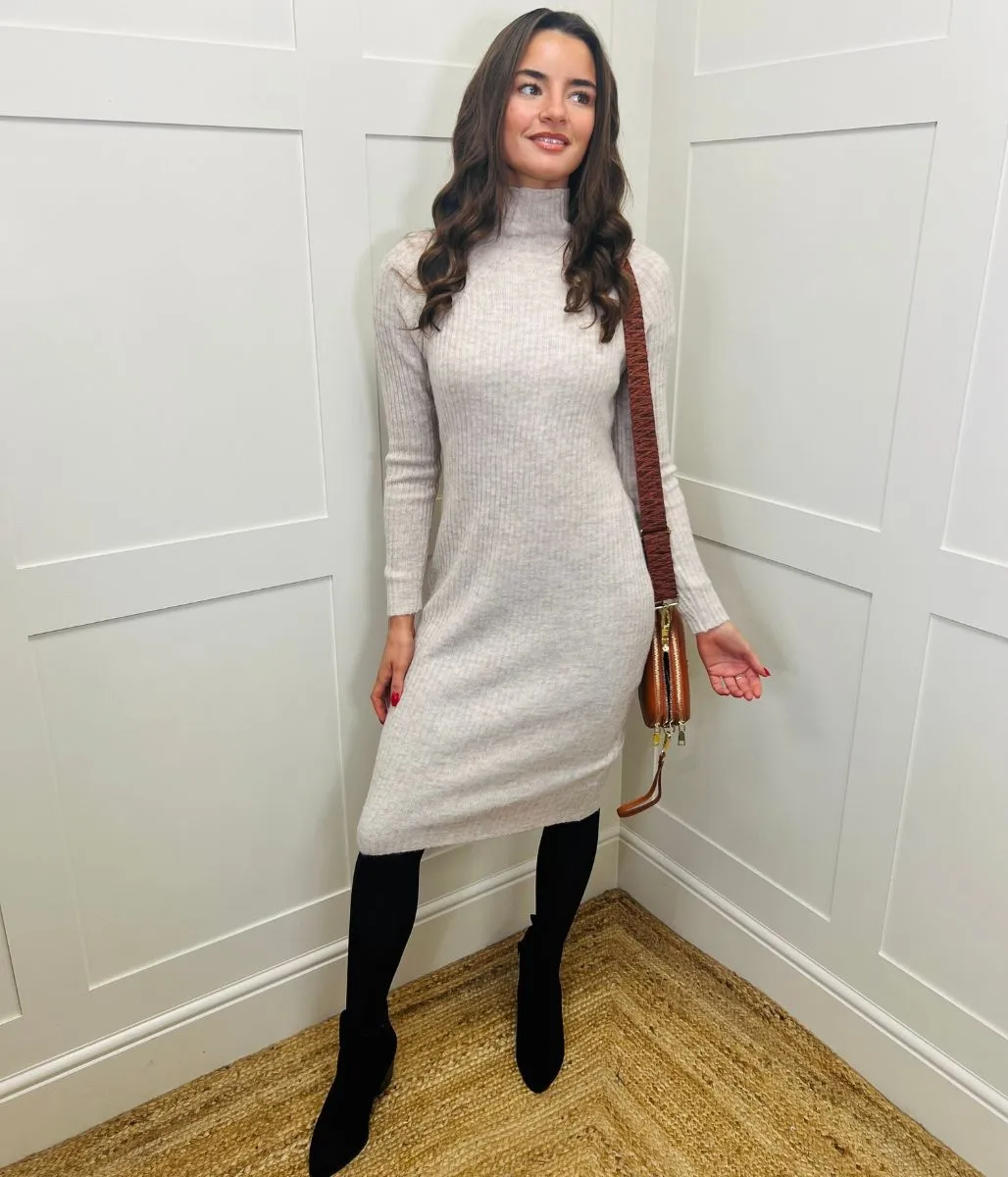 Oatmeal Ribbed Knitted Funnel Neck Dress