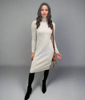 Oatmeal Ribbed Knitted Funnel Neck Dress