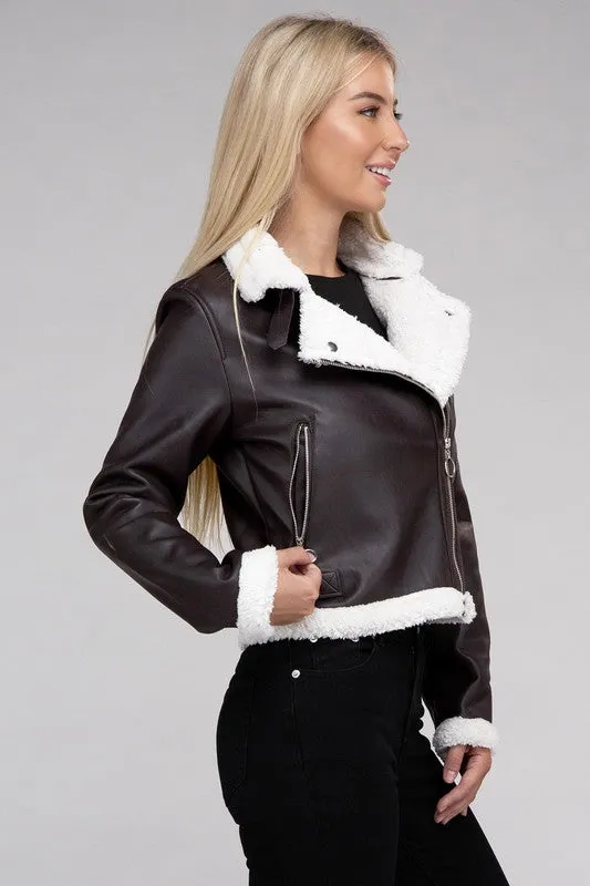 Plush Teddy Trimmed PU Jacket - online exclusive