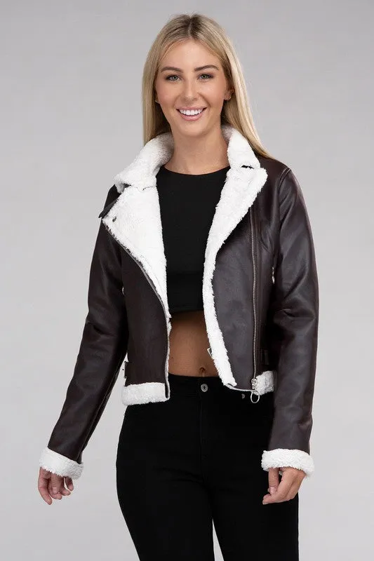 Plush Teddy Trimmed PU Jacket - online exclusive