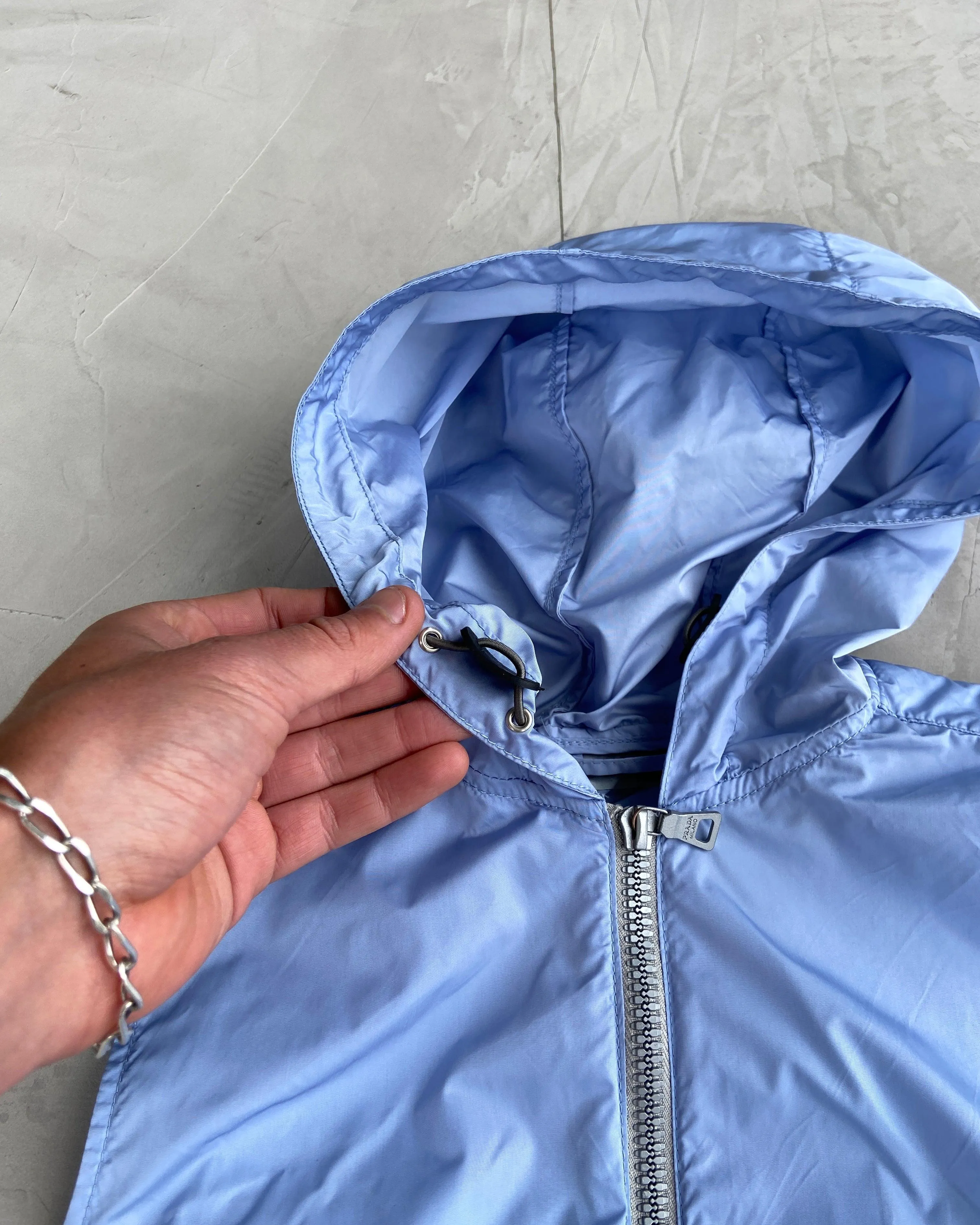 PRADA SS1999 BABY BLUE NYLON HOODED TOP - S/M