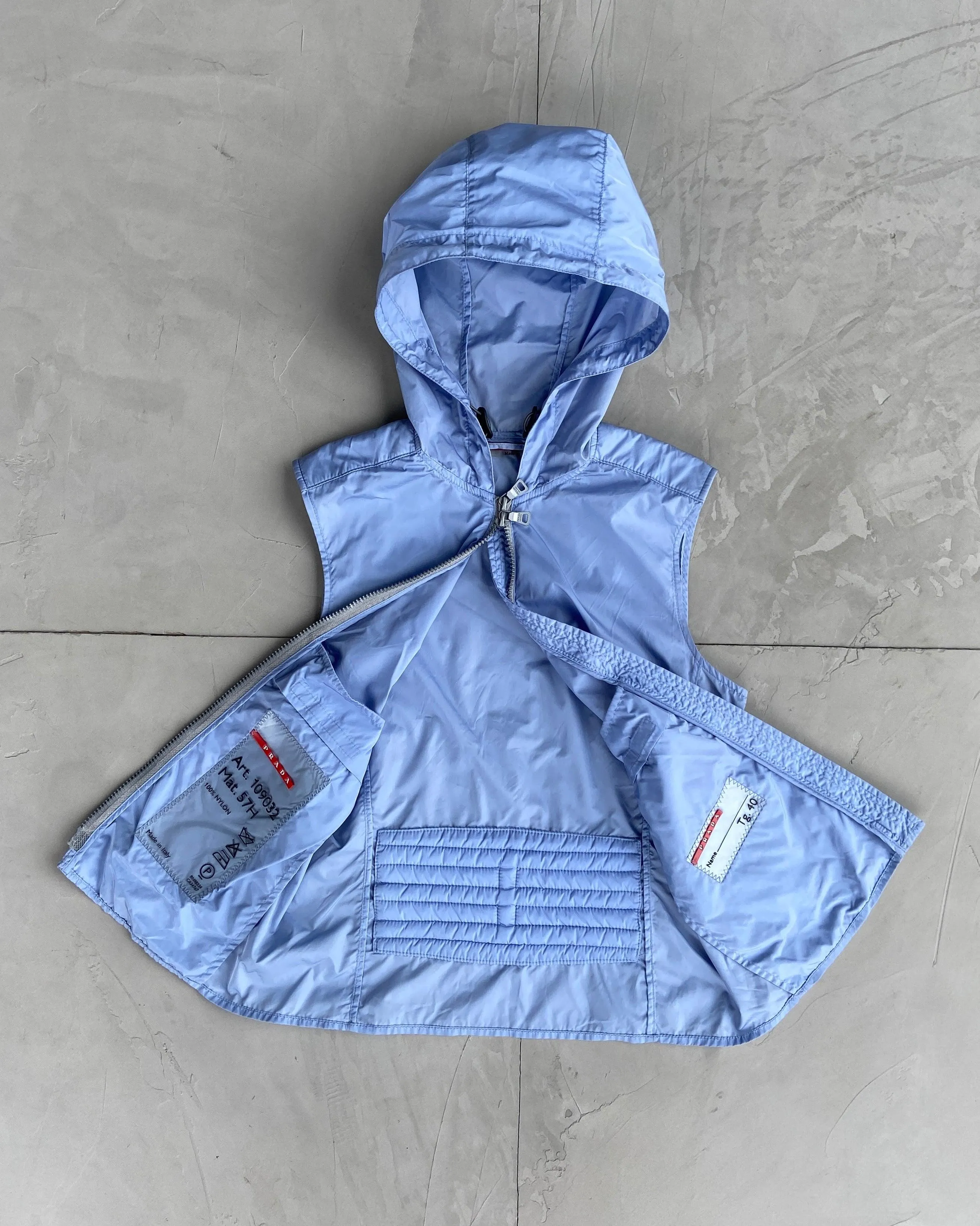 PRADA SS1999 BABY BLUE NYLON HOODED TOP - S/M