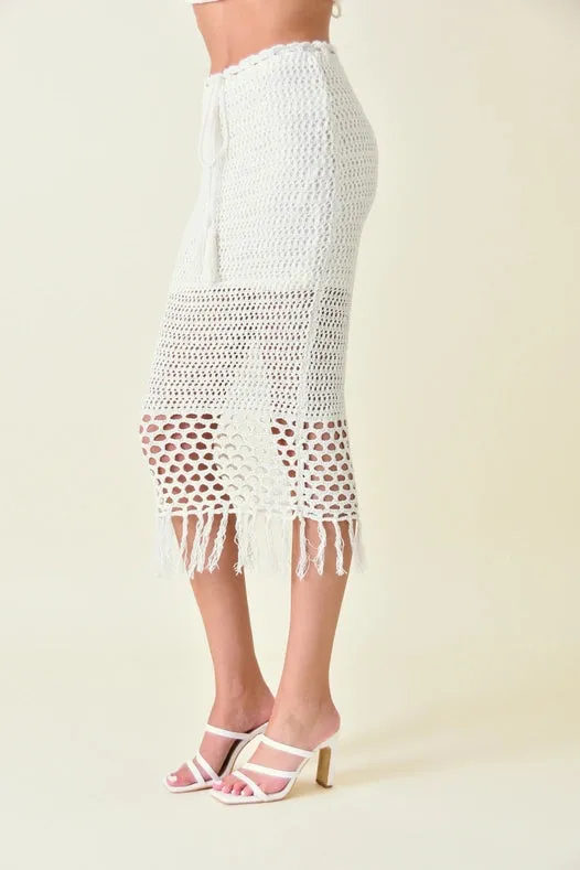 Resort Boho Chic Luxe Crochet Fringe Midi Skirt IVORY