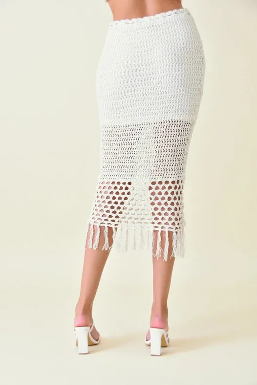 Resort Boho Chic Luxe Crochet Fringe Midi Skirt IVORY