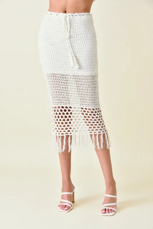 Resort Boho Chic Luxe Crochet Fringe Midi Skirt IVORY