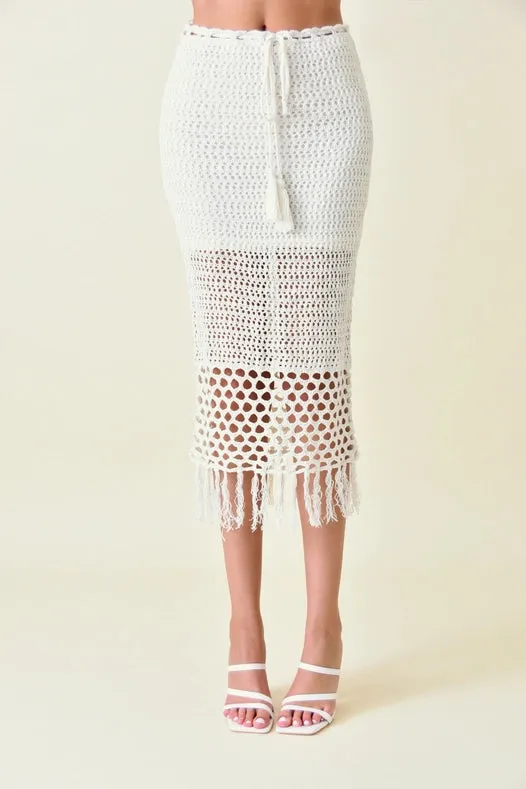 Resort Boho Chic Luxe Crochet Fringe Midi Skirt IVORY