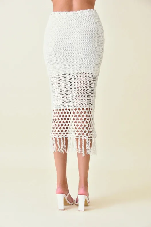 Resort Boho Chic Luxe Crochet Fringe Midi Skirt IVORY