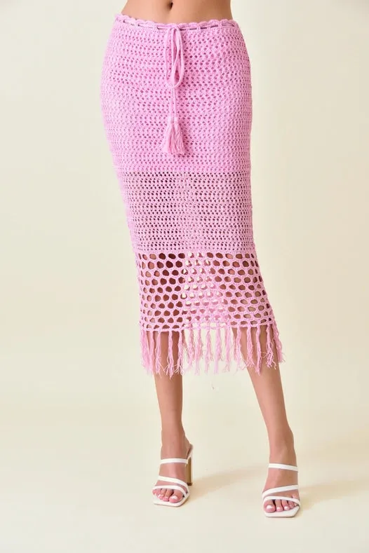 Resort Boho Chic Luxe Crochet Fringe Midi Skirt PINK