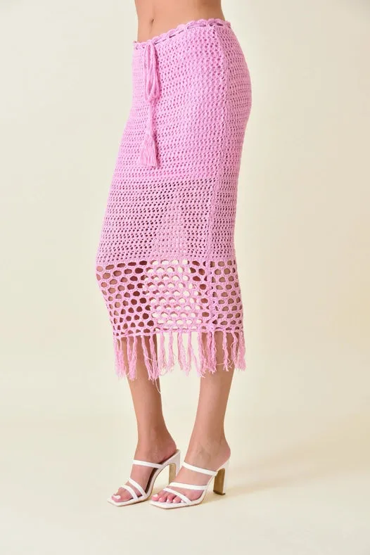 Resort Boho Chic Luxe Crochet Fringe Midi Skirt PINK