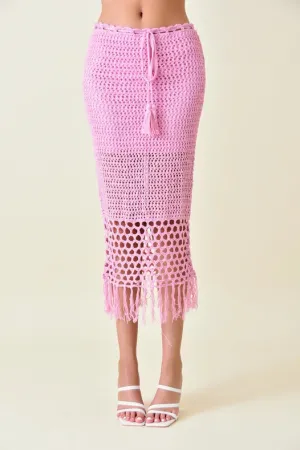 Resort Boho Chic Luxe Crochet Fringe Midi Skirt PINK