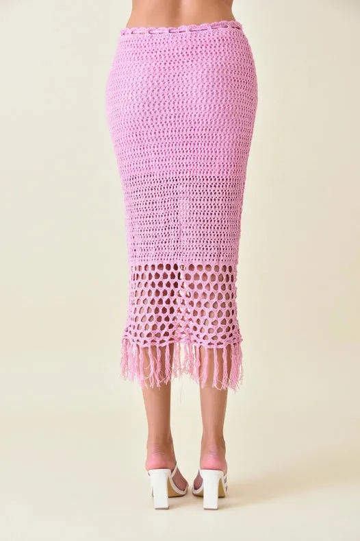 Resort Boho Chic Luxe Crochet Fringe Midi Skirt PINK