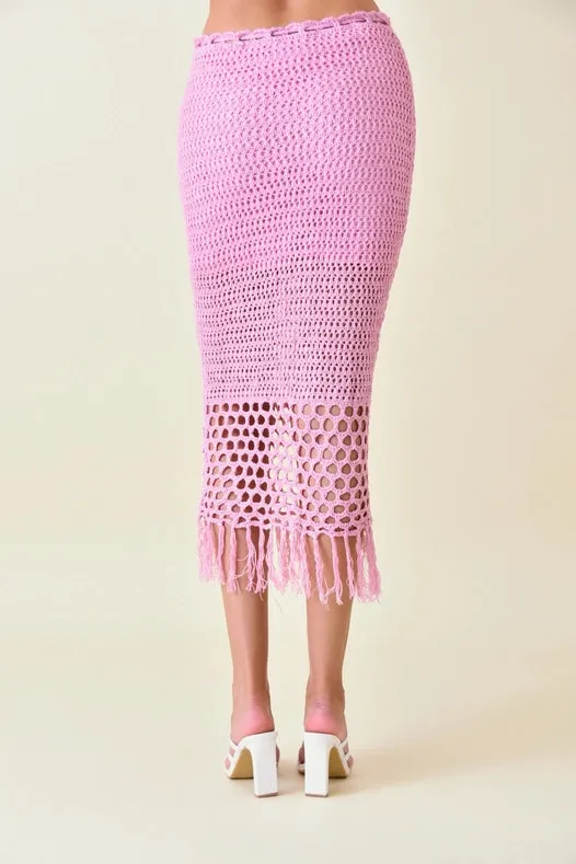 Resort Boho Chic Luxe Crochet Fringe Midi Skirt PINK