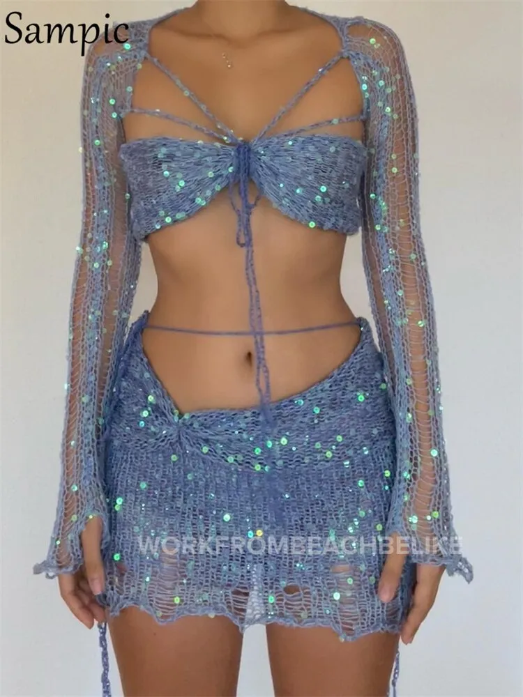 Sequins Knitted Two Piece Summer Set