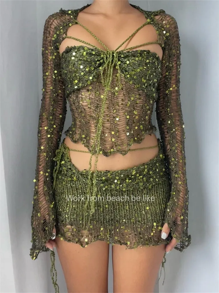 Sequins Knitted Two Piece Summer Set